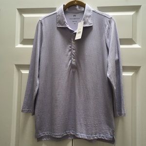 NWT Renwick Golf 3/4 Sleeve Polo Shirt Striped Pink Blue Pima Cotton Top Medium